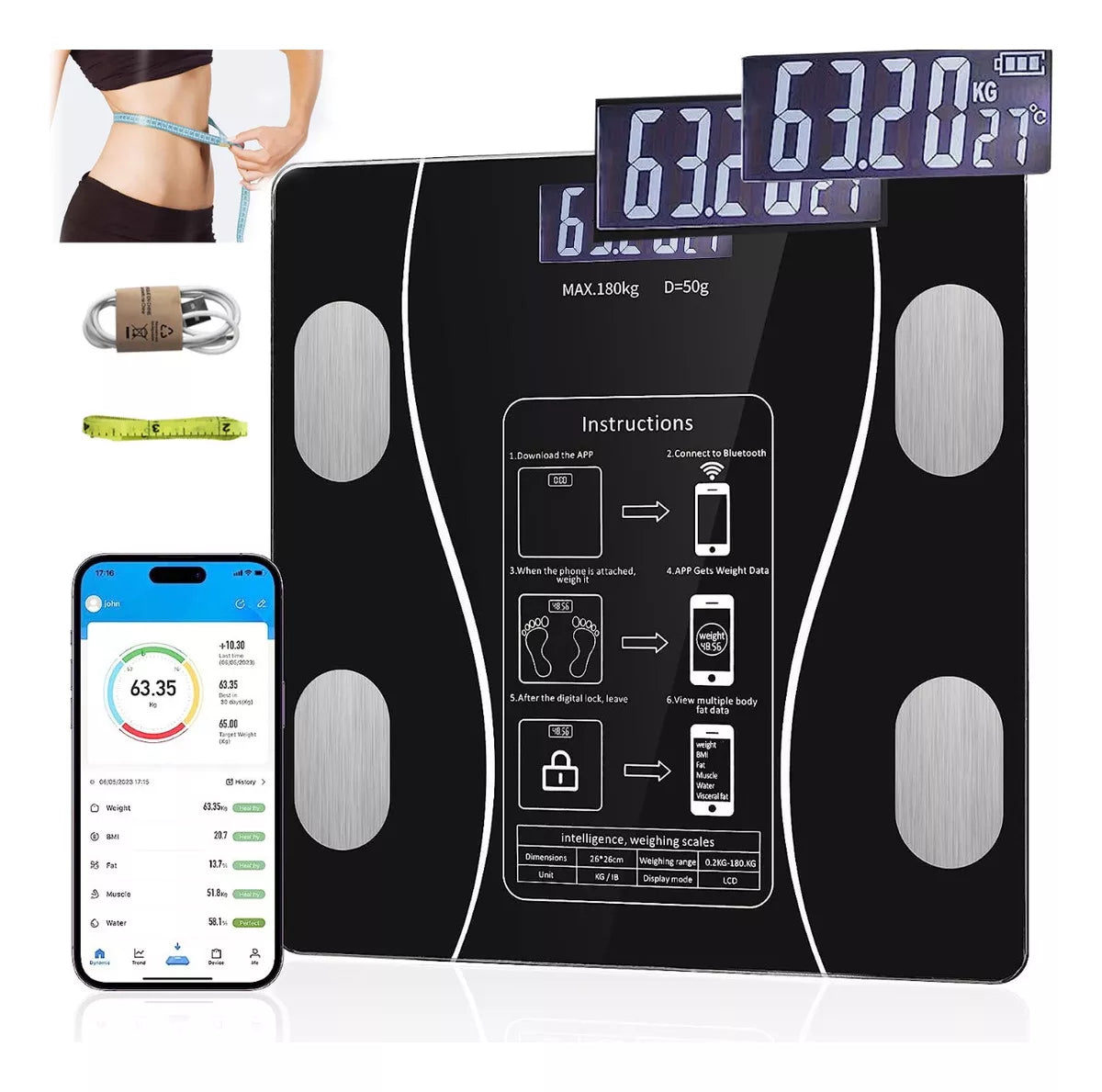 Bascula Digital Corporal hasta 180 kg Conectividad con App