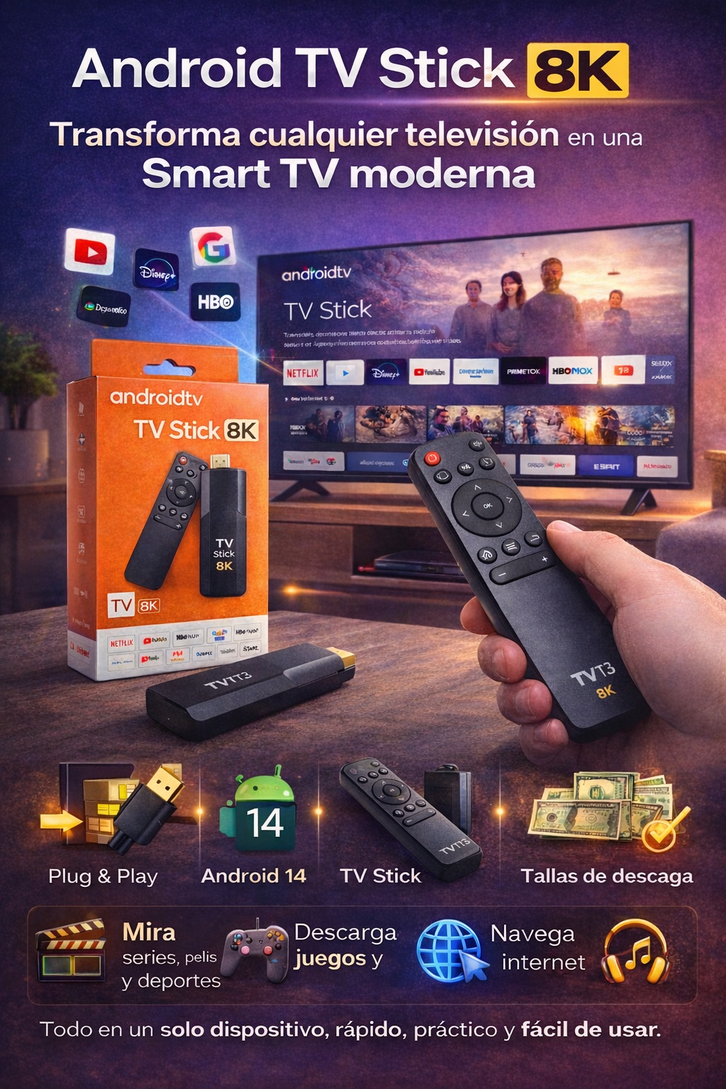 Android TV Stick Android 8K Dispositivo streamer