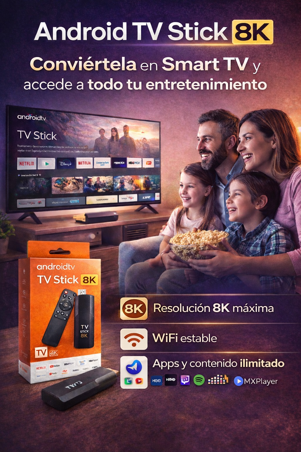 Android TV Stick Android 8K Dispositivo streamer