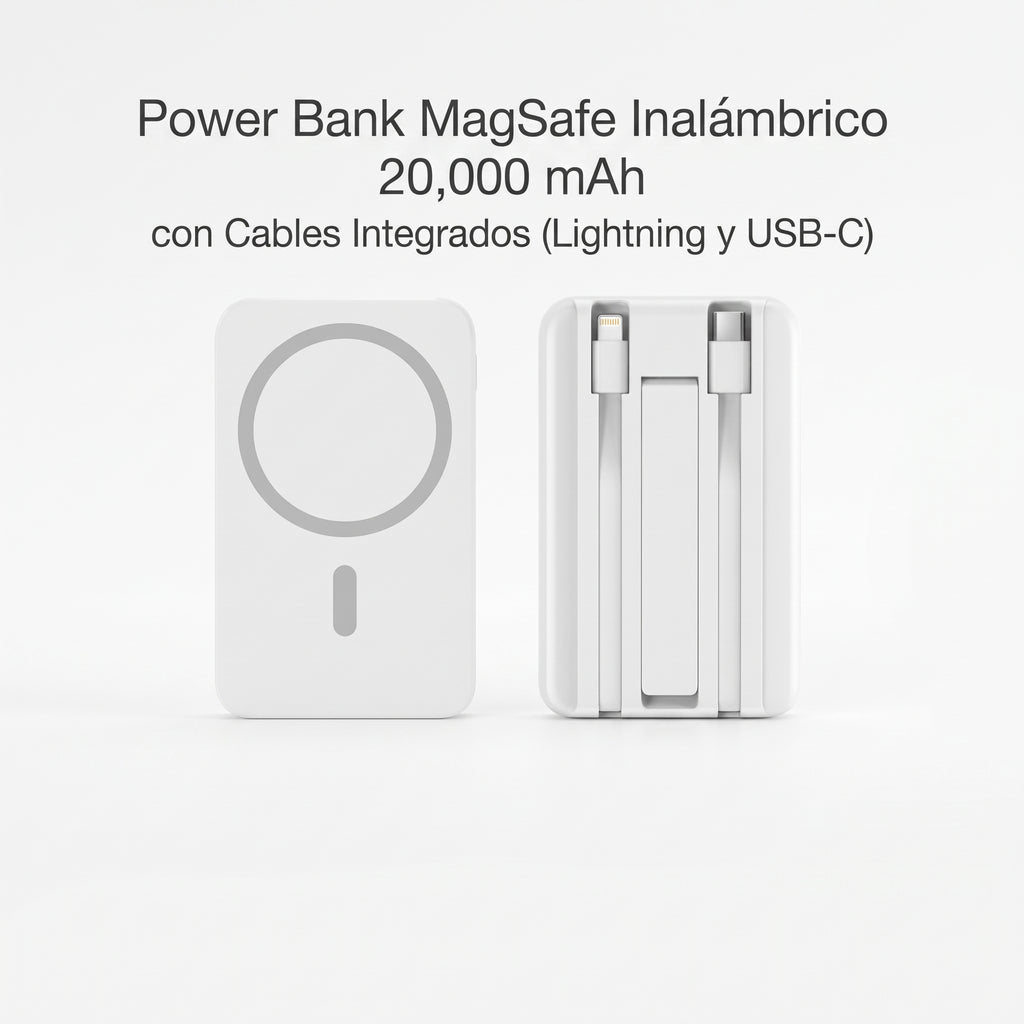 Power Bank MagSafe Inalámbrico 20,000 mAh con Cables Integrados (Lightning y USB-C)