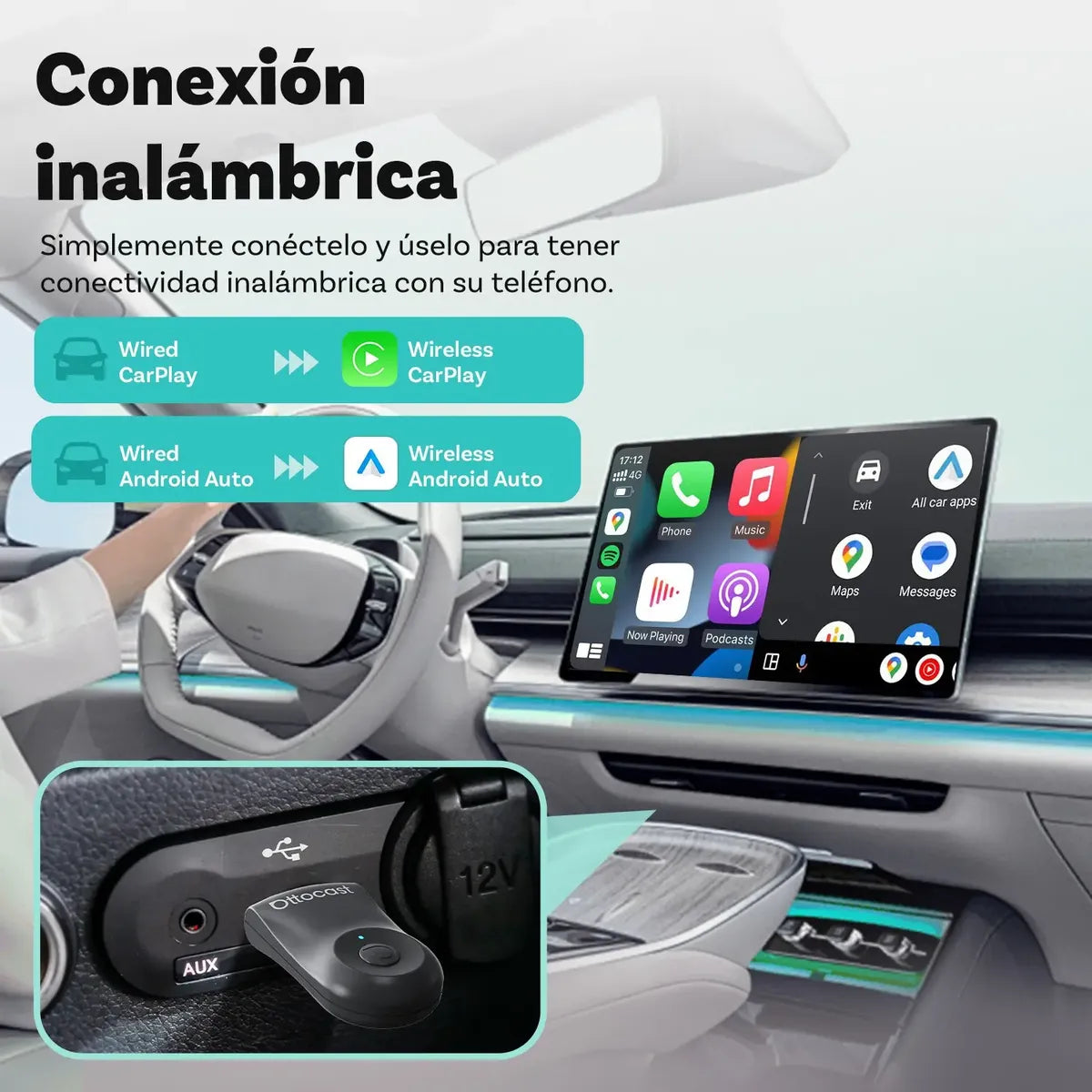 Adaptador Inalámbrico Ottocast Mini – Apple CarPlay & Android Auto 2-en-1